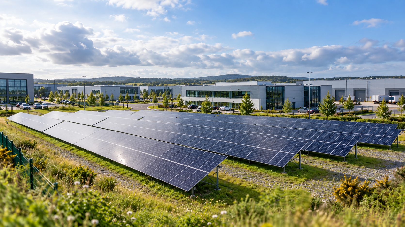 Ground-mounted solar array beside a modern business park