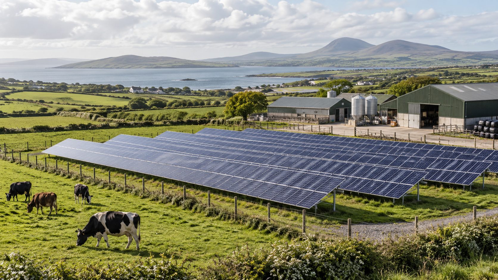 Ground-mounted solar array on an Irish dairy farm with cattle grazing nearby