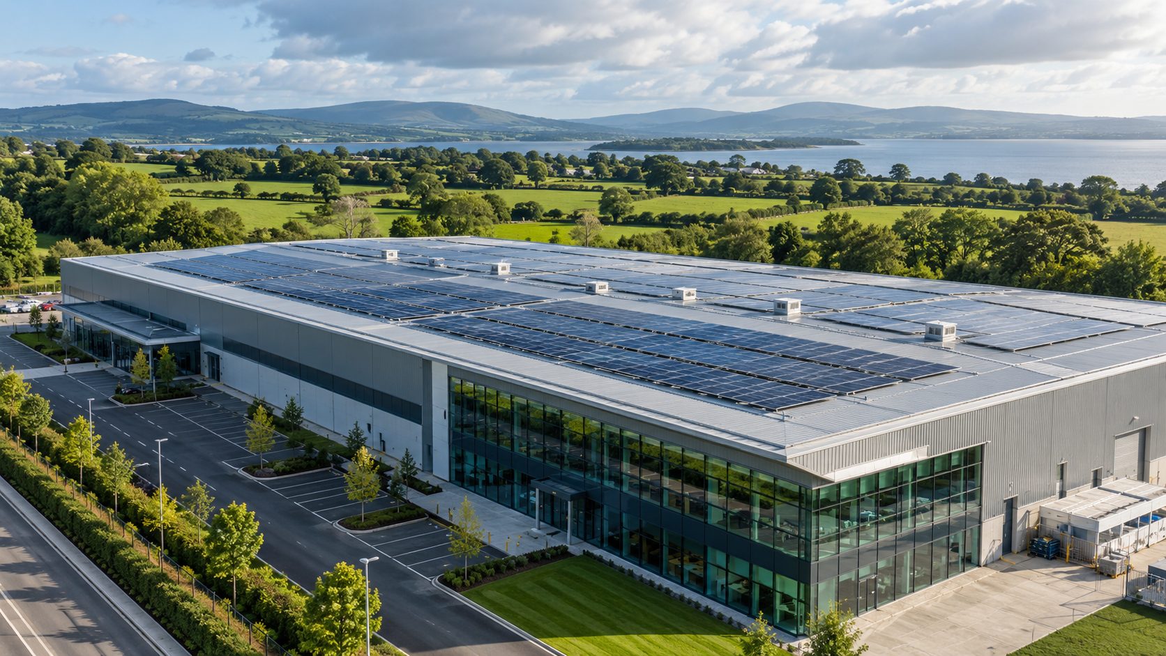 Solar panels across the roof of a large commercial building in Ireland