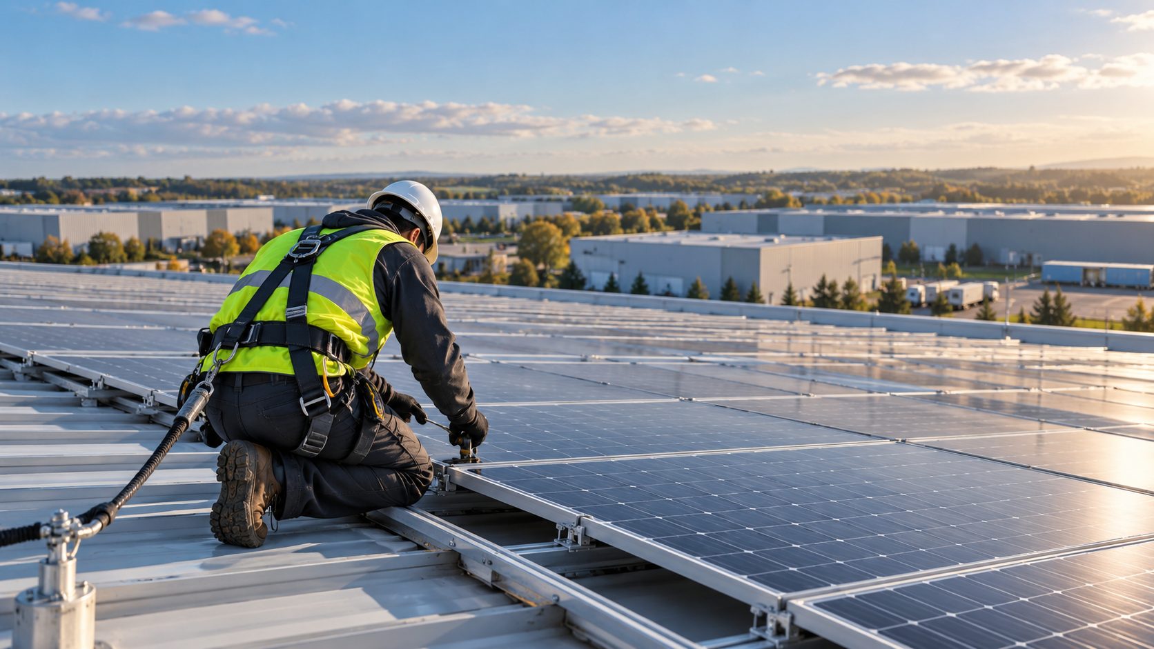 Engineer in safety harness checking solar panels on a commercial roof